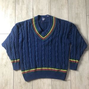 GAP V-Neck Sweater Ribbed Navy Striped Red Green